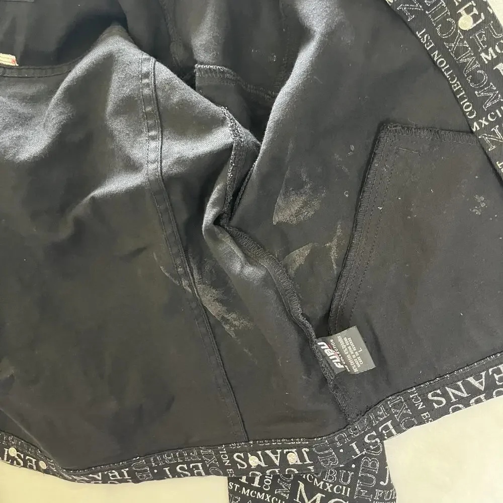 Vintage FUBU Jacket Kids Large Black Denim Bomber All Over Print Hip Hop Y2K